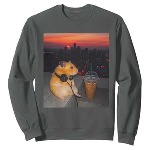 Hamster Drinking Iced Coffee Sweatshirt Funny Animal Chill City Sunset Headphones TS14 Dark Heather Print Your Wear