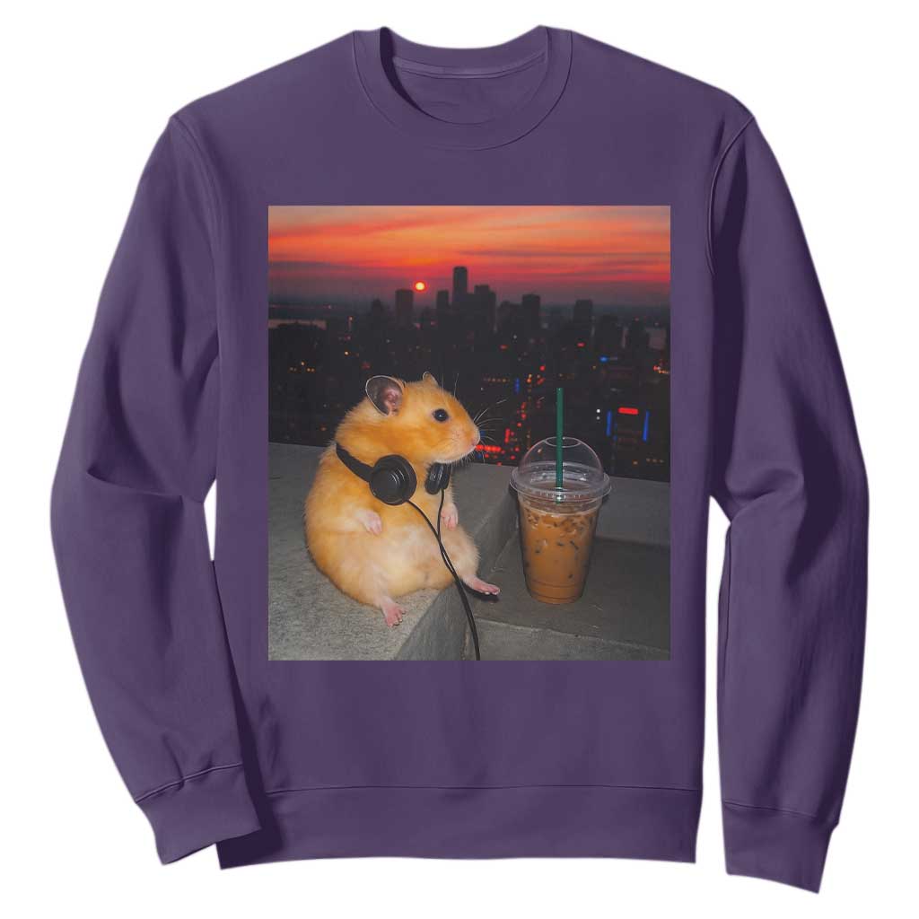 Hamster Drinking Iced Coffee Sweatshirt Funny Animal Chill City Sunset Headphones TS14 Purple Print Your Wear