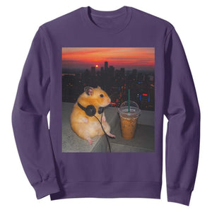 Hamster Drinking Iced Coffee Sweatshirt Funny Animal Chill City Sunset Headphones TS14 Purple Print Your Wear