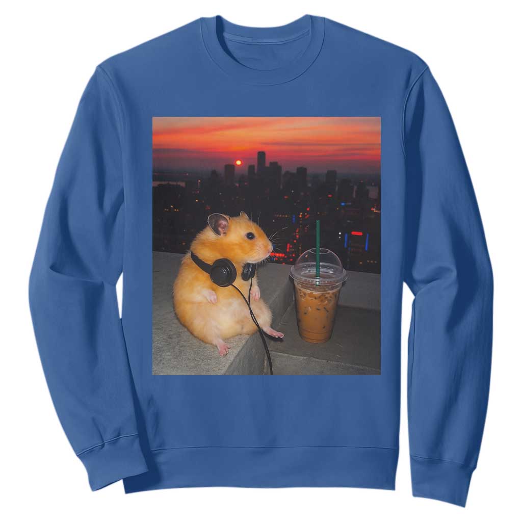 Hamster Drinking Iced Coffee Sweatshirt Funny Animal Chill City Sunset Headphones TS14 Royal Blue Print Your Wear