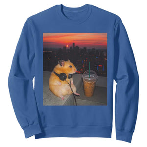 Hamster Drinking Iced Coffee Sweatshirt Funny Animal Chill City Sunset Headphones TS14 Royal Blue Print Your Wear