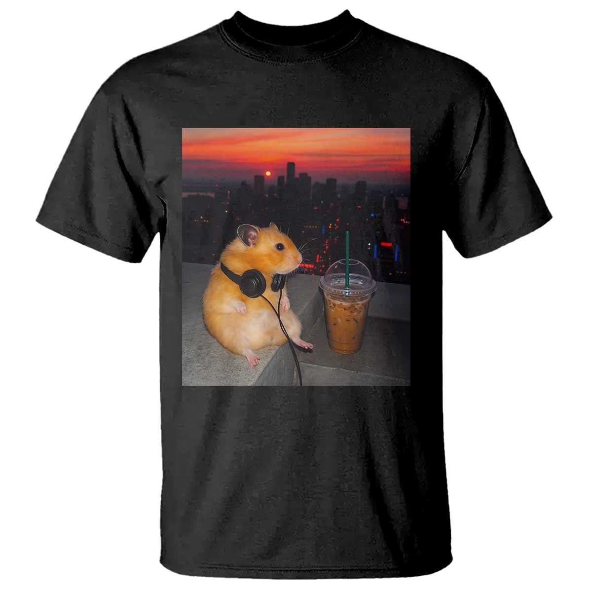Hamster Drinking Iced Coffee T Shirt Funny Animal Chill City Sunset Headphones TS14 Black Print Your Wear