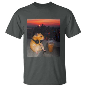 Hamster Drinking Iced Coffee T Shirt Funny Animal Chill City Sunset Headphones TS14 Dark Heather Print Your Wear