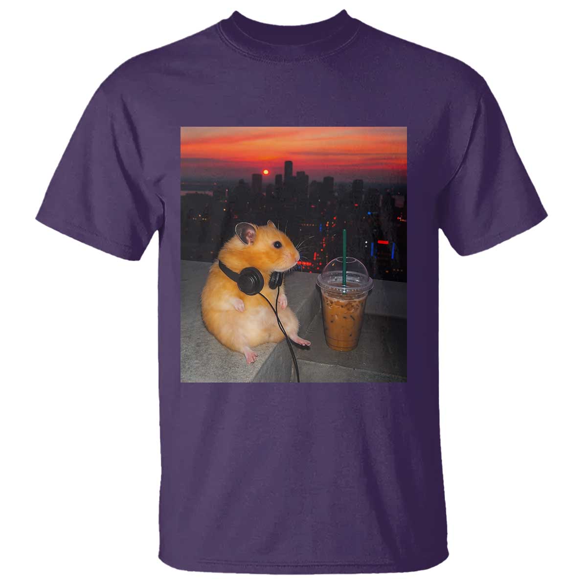 Hamster Drinking Iced Coffee T Shirt Funny Animal Chill City Sunset Headphones TS14 Purple Print Your Wear