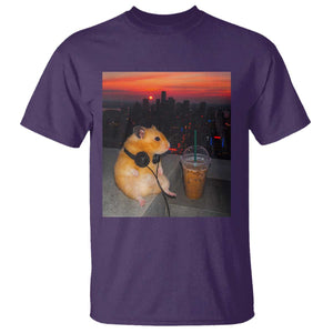 Hamster Drinking Iced Coffee T Shirt Funny Animal Chill City Sunset Headphones TS14 Purple Print Your Wear