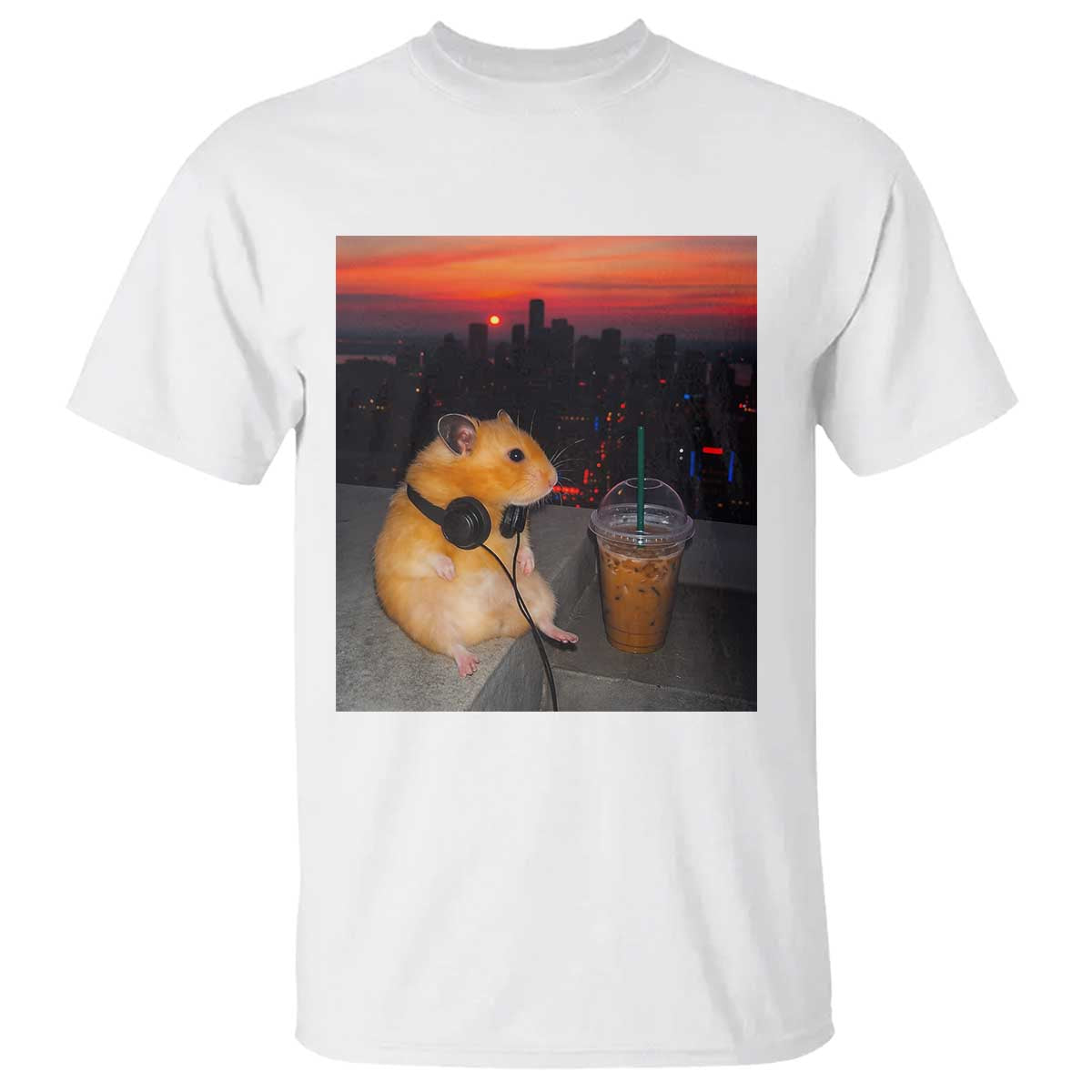 Hamster Drinking Iced Coffee T Shirt Funny Animal Chill City Sunset Headphones TS14 White Print Your Wear