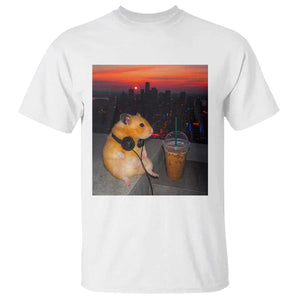 Hamster Drinking Iced Coffee T Shirt Funny Animal Chill City Sunset Headphones TS14 White Print Your Wear