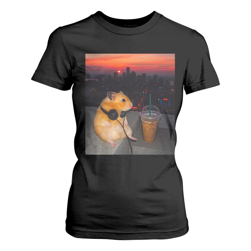 Hamster Drinking Iced Coffee T Shirt For Women Funny Animal Chill City Sunset Headphones TS14 Black Print Your Wear