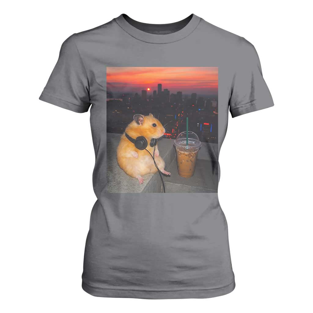Hamster Drinking Iced Coffee T Shirt For Women Funny Animal Chill City Sunset Headphones TS14 Charcoal Print Your Wear