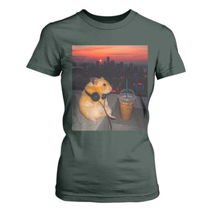 Hamster Drinking Iced Coffee T Shirt For Women Funny Animal Chill City Sunset Headphones TS14 Dark Forest Green Print Your Wear