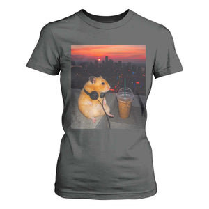 Hamster Drinking Iced Coffee T Shirt For Women Funny Animal Chill City Sunset Headphones TS14 Dark Heather Print Your Wear