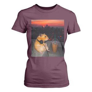 Hamster Drinking Iced Coffee T Shirt For Women Funny Animal Chill City Sunset Headphones TS14 Maroon Print Your Wear