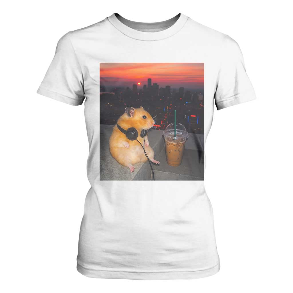 Hamster Drinking Iced Coffee T Shirt For Women Funny Animal Chill City Sunset Headphones TS14 White Print Your Wear