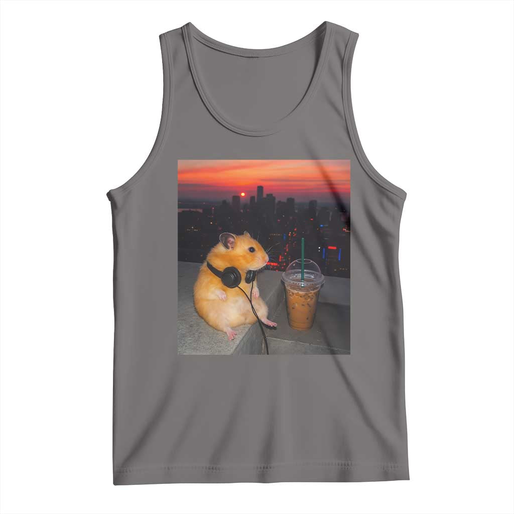 Hamster Drinking Iced Coffee Tank Top Funny Animal Chill City Sunset Headphones TS14 Deep Heather Print Your Wear