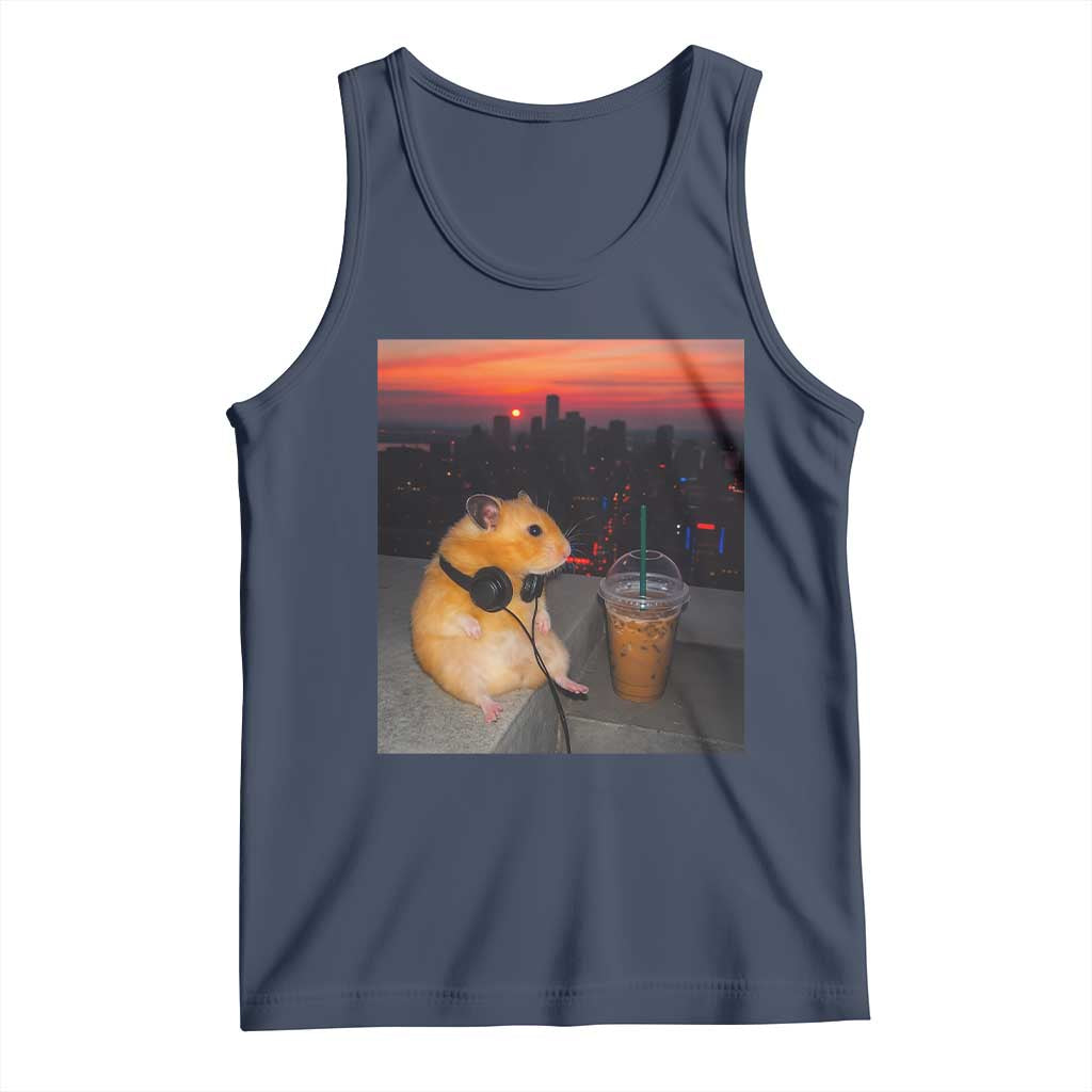 Hamster Drinking Iced Coffee Tank Top Funny Animal Chill City Sunset Headphones TS14 Navy Print Your Wear