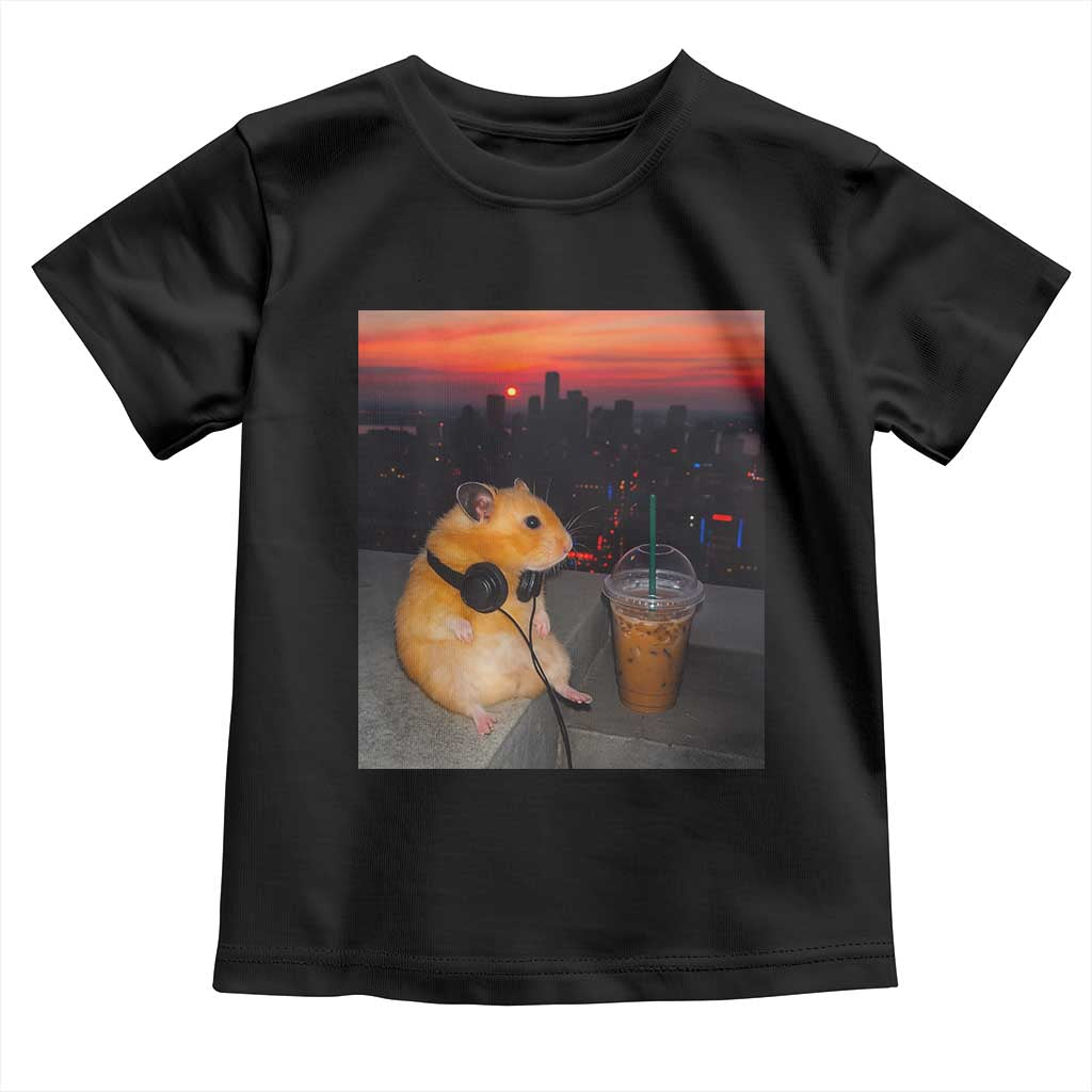 Hamster Drinking Iced Coffee Toddler T Shirt Funny Animal Chill City Sunset Headphones TS14 Black Print Your Wear