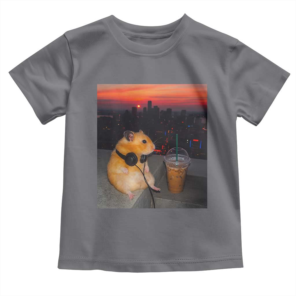 Hamster Drinking Iced Coffee Toddler T Shirt Funny Animal Chill City Sunset Headphones TS14 Charcoal Print Your Wear
