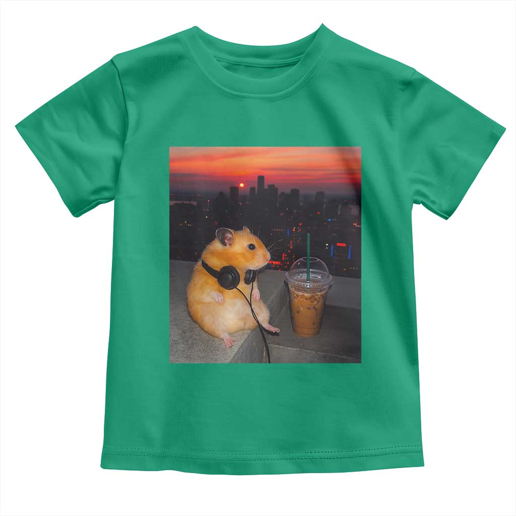 Hamster Drinking Iced Coffee Toddler T Shirt Funny Animal Chill City Sunset Headphones TS14 Irish Green Print Your Wear
