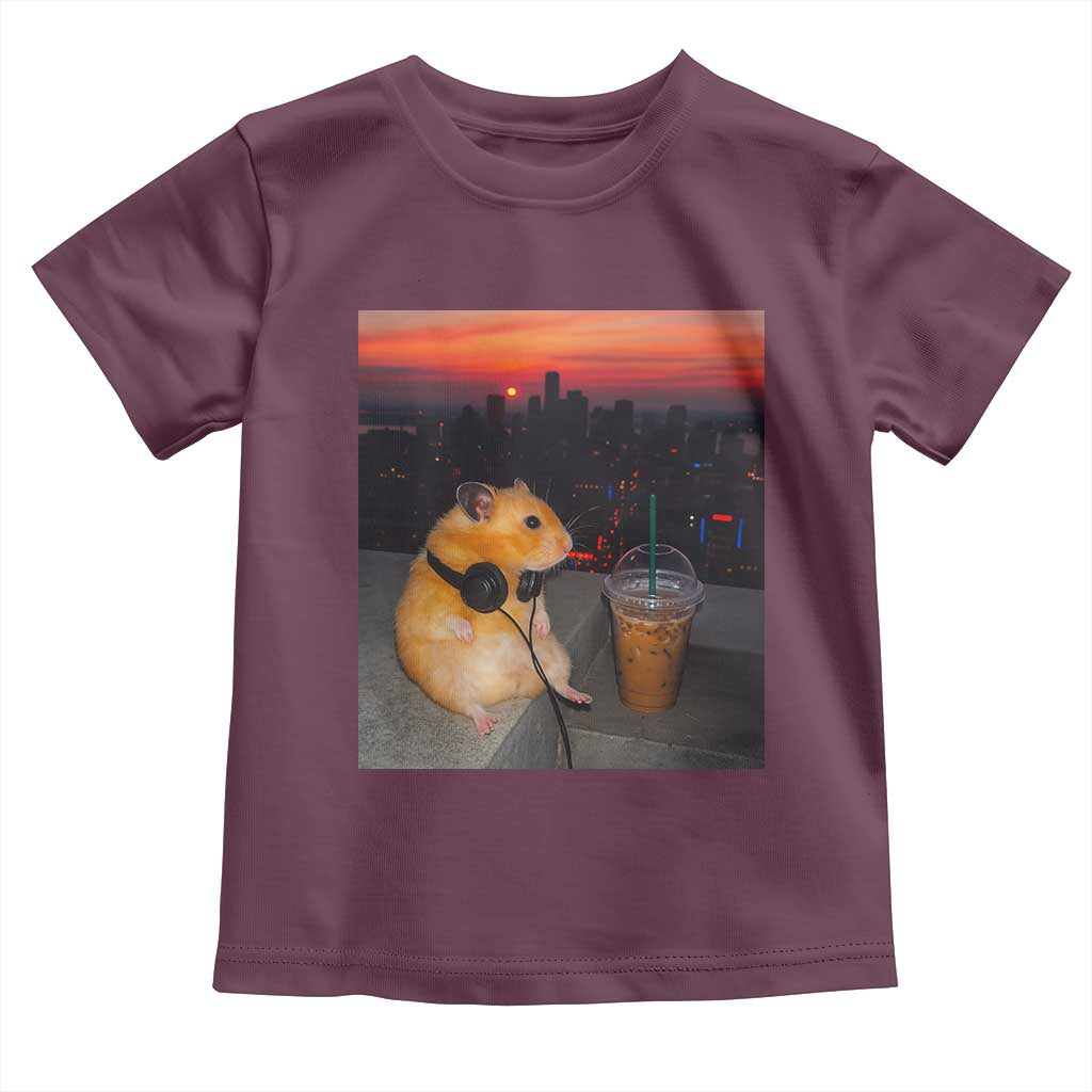 Hamster Drinking Iced Coffee Toddler T Shirt Funny Animal Chill City Sunset Headphones TS14 Maroon Print Your Wear