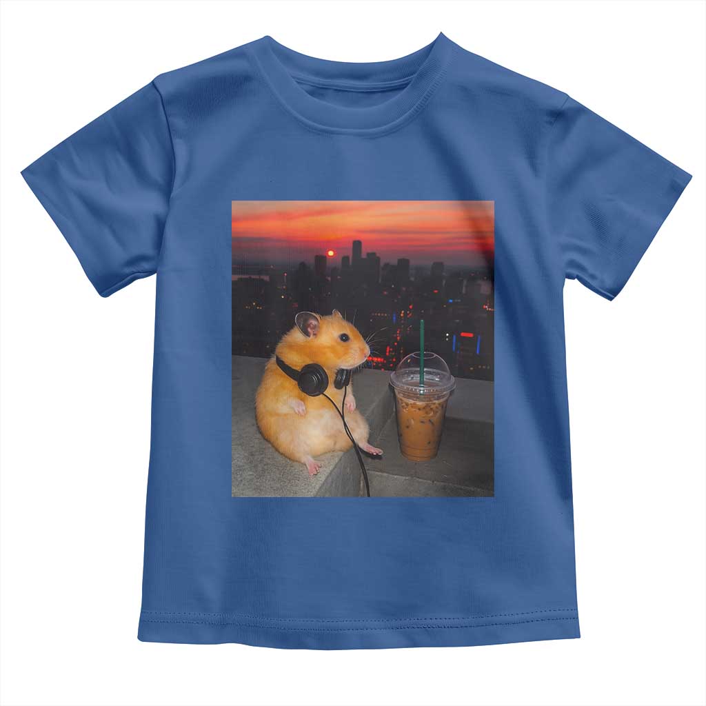 Hamster Drinking Iced Coffee Toddler T Shirt Funny Animal Chill City Sunset Headphones TS14 Royal Blue Print Your Wear