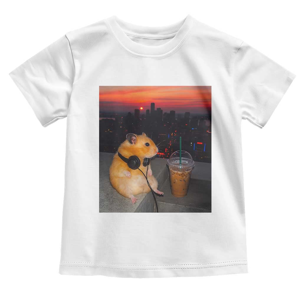 Hamster Drinking Iced Coffee Toddler T Shirt Funny Animal Chill City Sunset Headphones TS14 White Print Your Wear