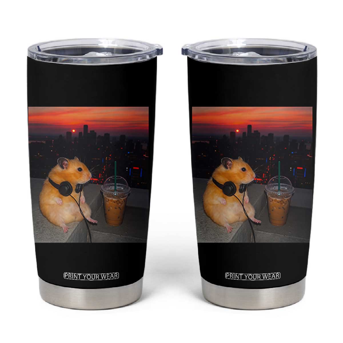 Hamster Drinking Iced Coffee Tumbler Cup Funny Animal Chill City Sunset Headphones TS14 Black Print Your Wear