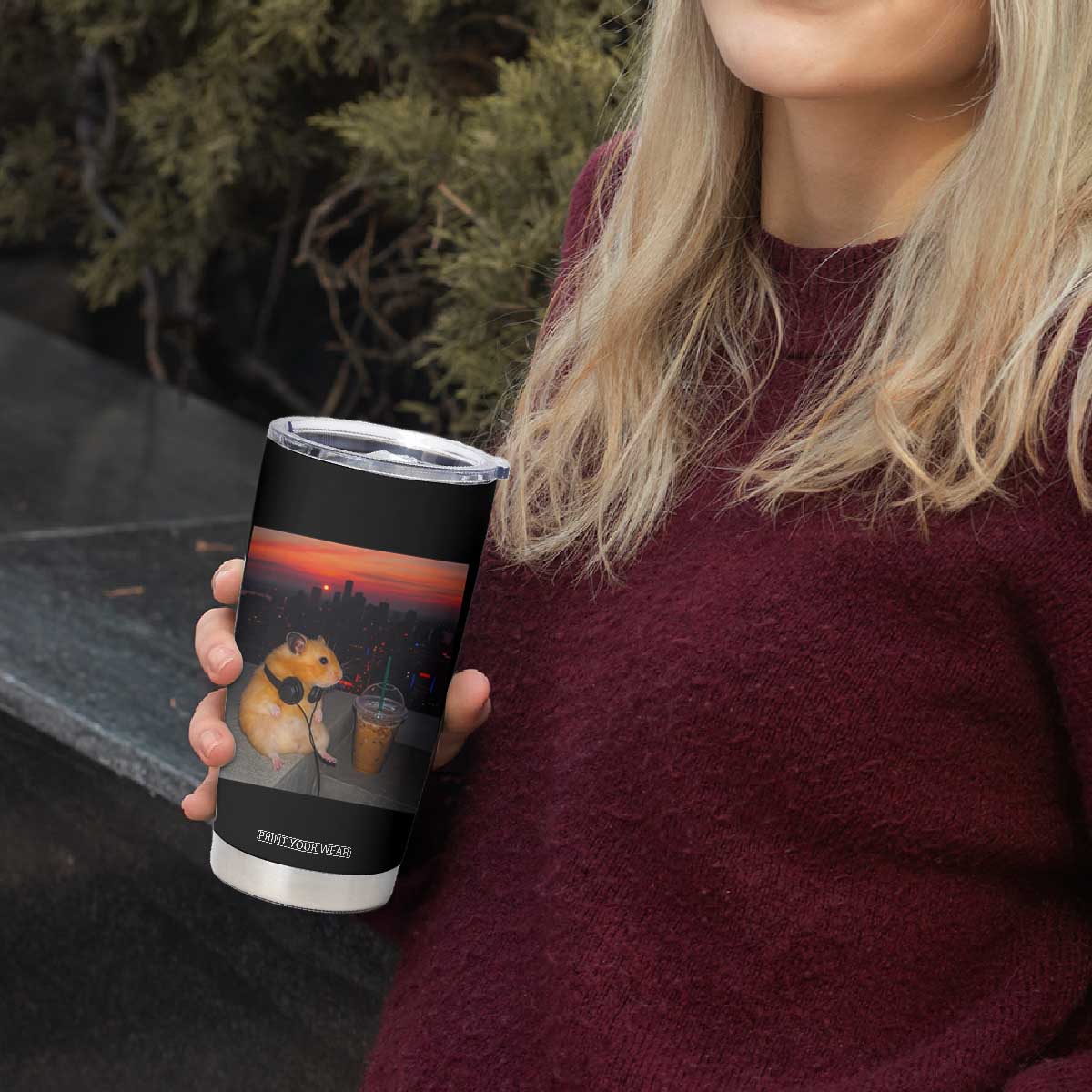 Hamster Drinking Iced Coffee Tumbler Cup Funny Animal Chill City Sunset Headphones TS14 Print Your Wear