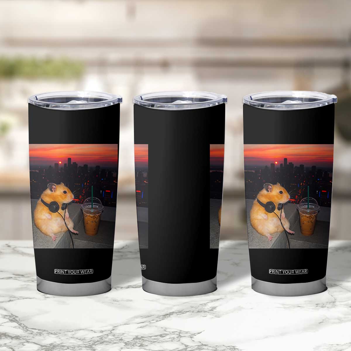 Hamster Drinking Iced Coffee Tumbler Cup Funny Animal Chill City Sunset Headphones TS14 Print Your Wear
