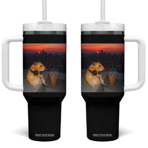 Hamster Drinking Iced Coffee Tumbler With Handle Funny Animal Chill City Sunset Headphones TS14 One Size: 40 oz Black Print Your Wear