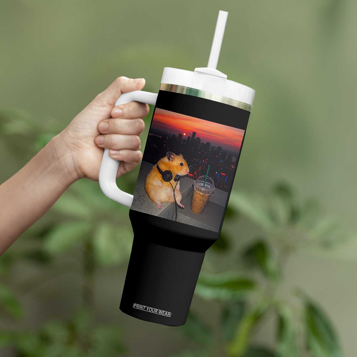 Hamster Drinking Iced Coffee Tumbler With Handle Funny Animal Chill City Sunset Headphones TS14 Print Your Wear