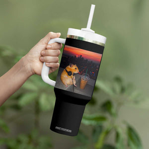 Hamster Drinking Iced Coffee Tumbler With Handle Funny Animal Chill City Sunset Headphones TS14 Print Your Wear