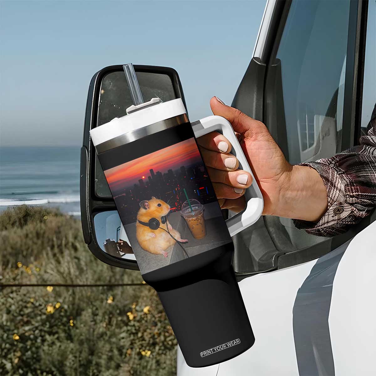 Hamster Drinking Iced Coffee Tumbler With Handle Funny Animal Chill City Sunset Headphones TS14 Print Your Wear