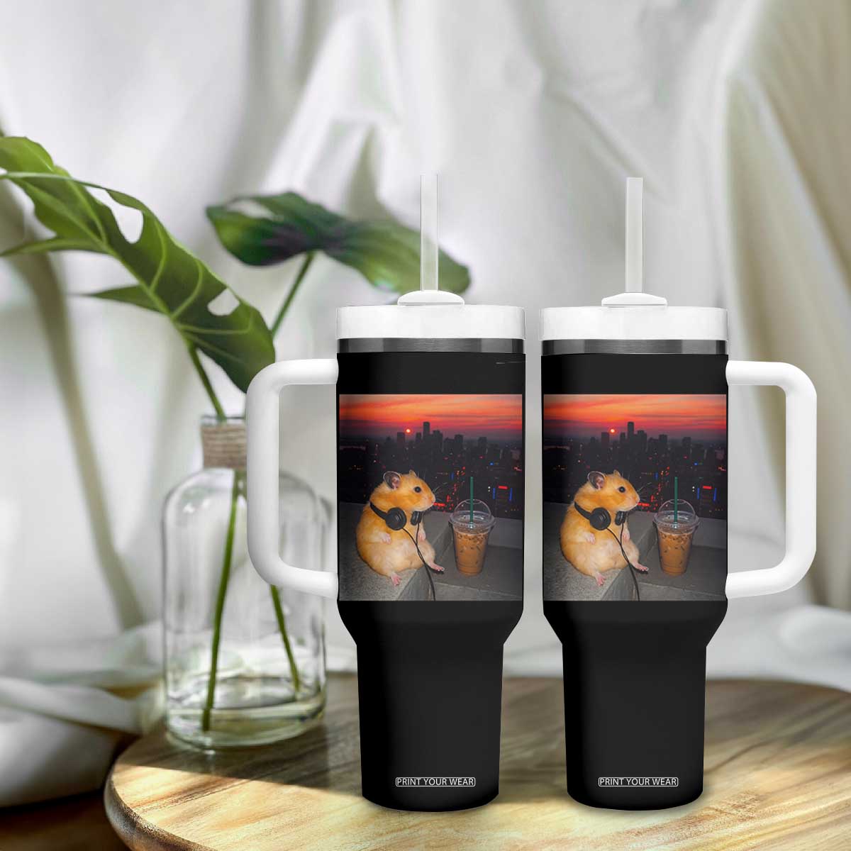 Hamster Drinking Iced Coffee Tumbler With Handle Funny Animal Chill City Sunset Headphones TS14 Print Your Wear