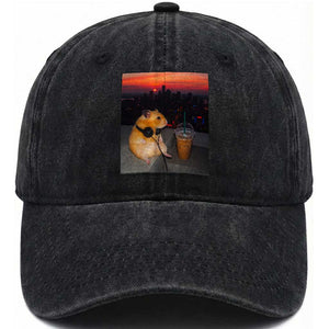 Hamster Drinking Iced Coffee Washed Cotton Baseball Cap Funny Animal Chill City Sunset Headphones TS14 Print Your Wear