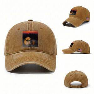 Hamster Drinking Iced Coffee Washed Cotton Baseball Cap Funny Animal Chill City Sunset Headphones TS14 Washed Cap Universal Fit Yellow Ochre Print Your Wear