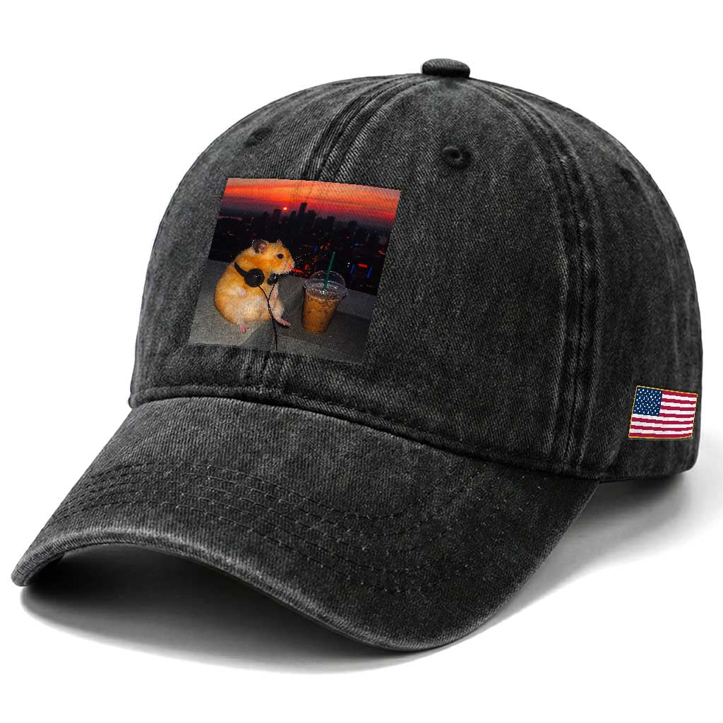 Hamster Drinking Iced Coffee Washed Cotton Baseball Cap Funny Animal Chill City Sunset Headphones TS14 Print Your Wear