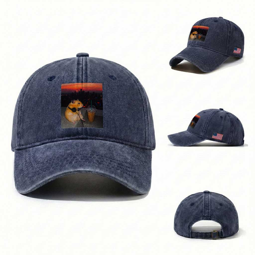 Hamster Drinking Iced Coffee Washed Cotton Baseball Cap Funny Animal Chill City Sunset Headphones TS14 Washed Cap Universal Fit Navy Print Your Wear