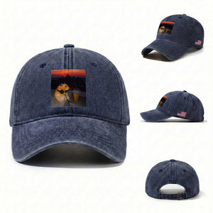 Hamster Drinking Iced Coffee Washed Cotton Baseball Cap Funny Animal Chill City Sunset Headphones TS14 Washed Cap Universal Fit Navy Print Your Wear