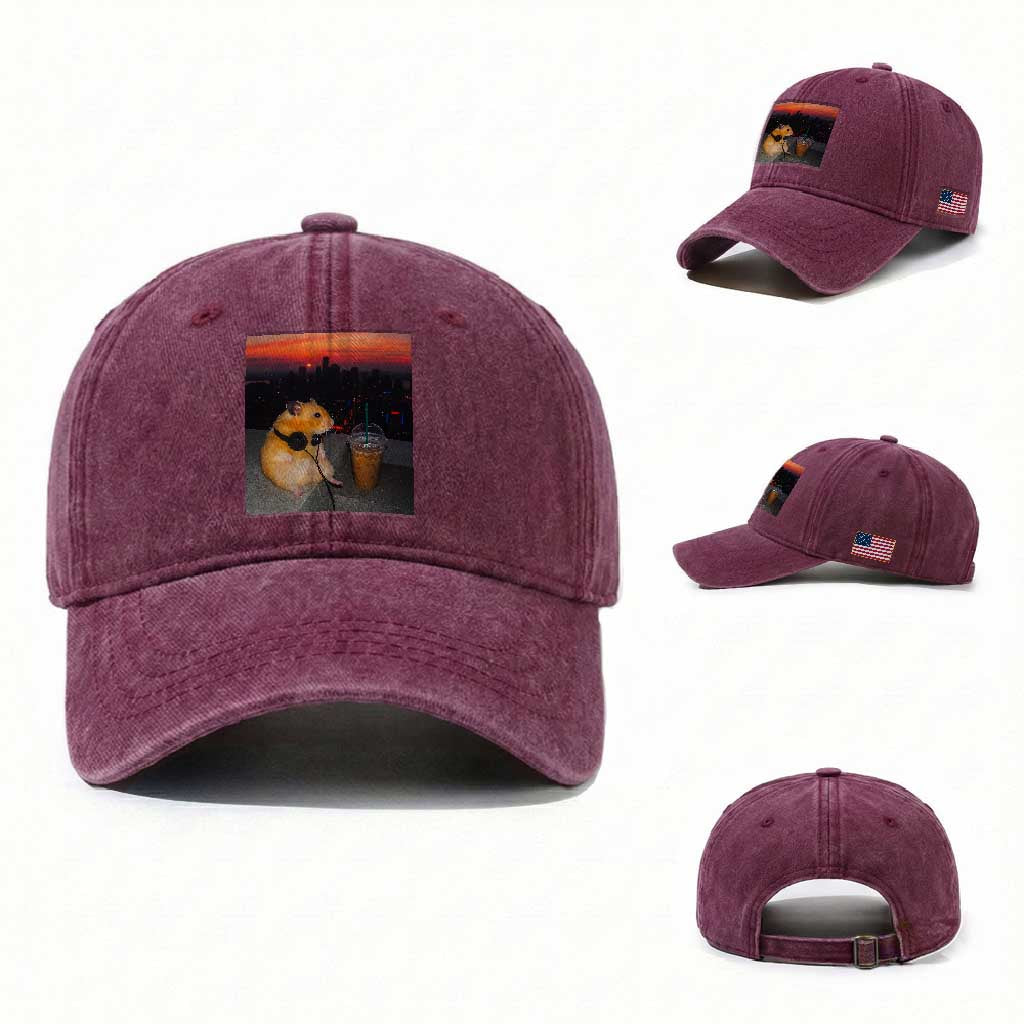 Hamster Drinking Iced Coffee Washed Cotton Baseball Cap Funny Animal Chill City Sunset Headphones TS14 Washed Cap Universal Fit Burgundy Print Your Wear