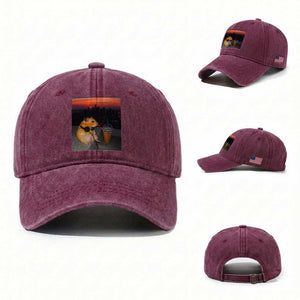 Hamster Drinking Iced Coffee Washed Cotton Baseball Cap Funny Animal Chill City Sunset Headphones TS14 Washed Cap Universal Fit Burgundy Print Your Wear