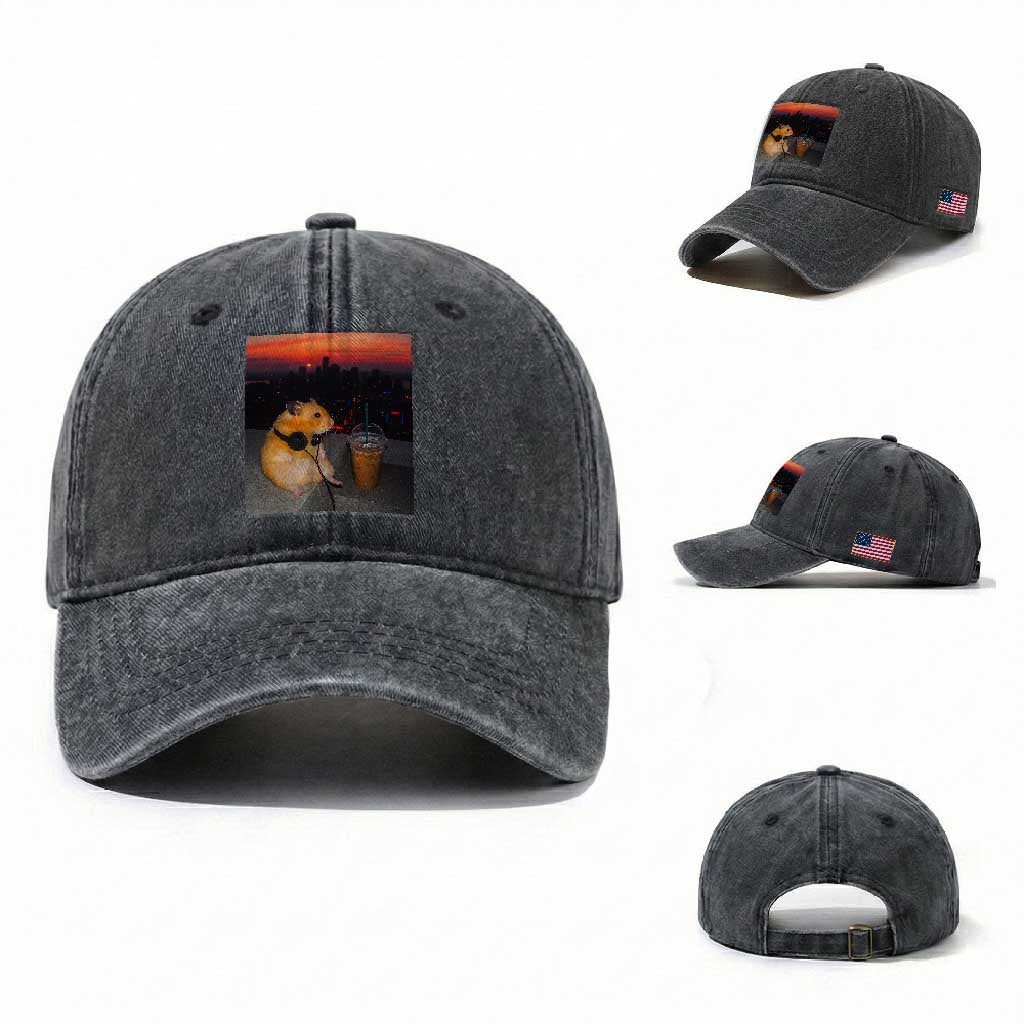 Hamster Drinking Iced Coffee Washed Cotton Baseball Cap Funny Animal Chill City Sunset Headphones TS14 Washed Cap Universal Fit Dark Gray Print Your Wear