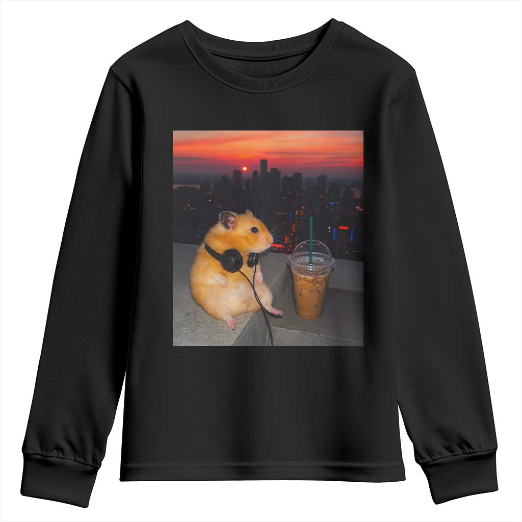Hamster Drinking Iced Coffee Youth Sweatshirt Funny Animal Chill City Sunset Headphones TS14 Black Print Your Wear