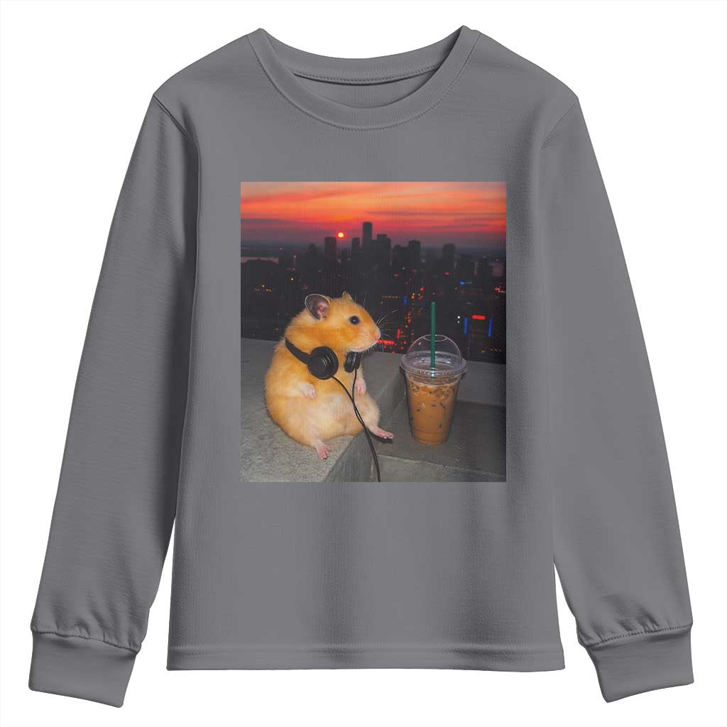 Hamster Drinking Iced Coffee Youth Sweatshirt Funny Animal Chill City Sunset Headphones TS14 Charcoal Print Your Wear