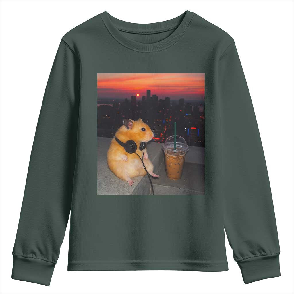Hamster Drinking Iced Coffee Youth Sweatshirt Funny Animal Chill City Sunset Headphones TS14 Dark Forest Green Print Your Wear