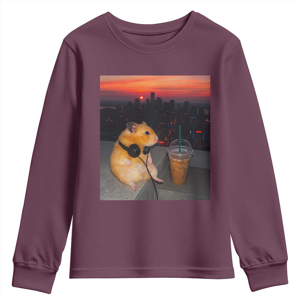 Hamster Drinking Iced Coffee Youth Sweatshirt Funny Animal Chill City Sunset Headphones TS14 Maroon Print Your Wear