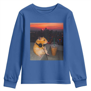 Hamster Drinking Iced Coffee Youth Sweatshirt Funny Animal Chill City Sunset Headphones TS14 Royal Blue Print Your Wear