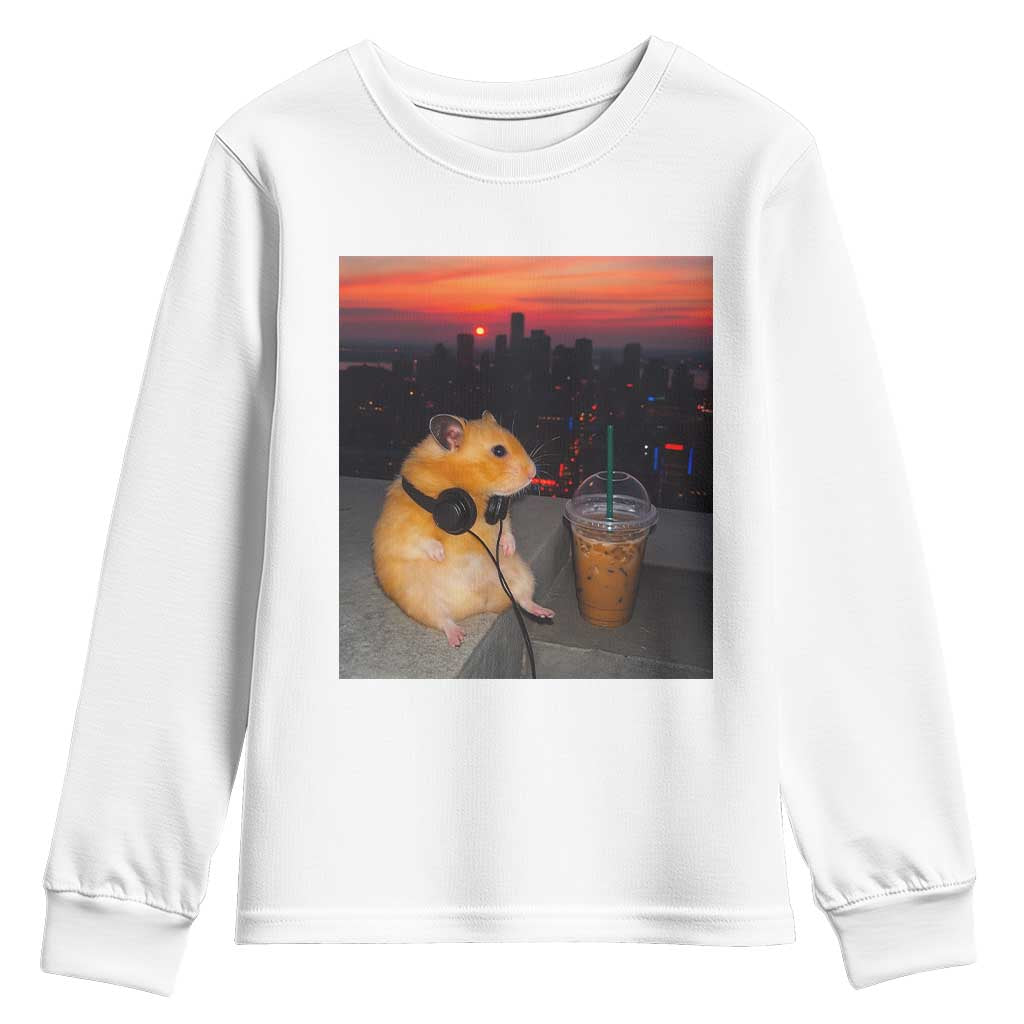 Hamster Drinking Iced Coffee Youth Sweatshirt Funny Animal Chill City Sunset Headphones TS14 White Print Your Wear