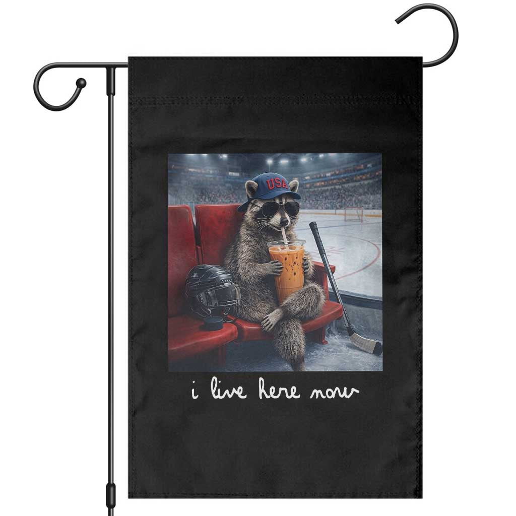 Hockey Mom Raccoon Iced Coffee Garden Flag I Live Here Now TS14 Black Print Your Wear