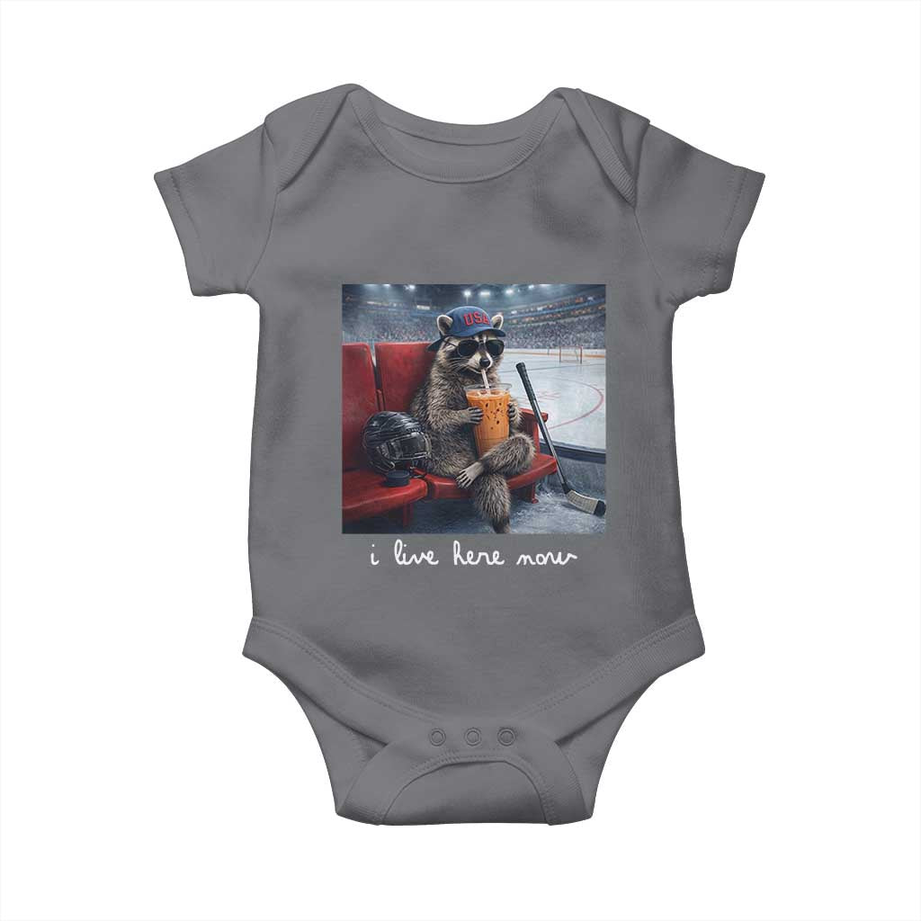 Hockey Mom Raccoon Iced Coffee Baby Onesie I Live Here Now TS14 Charcoal Print Your Wear