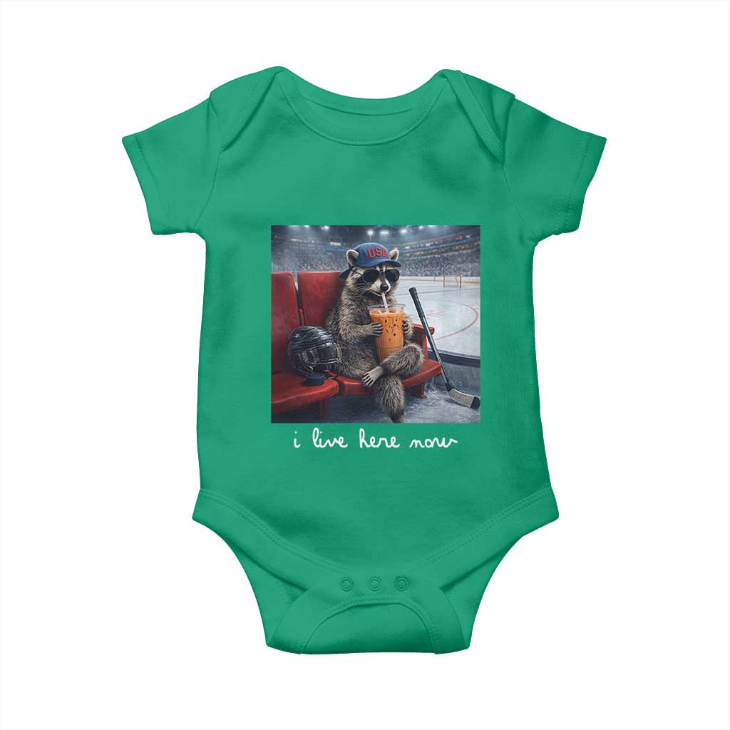 Hockey Mom Raccoon Iced Coffee Baby Onesie I Live Here Now TS14 Irish Green Print Your Wear